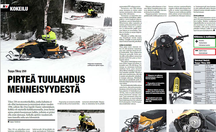 Статья о снегоходе TIKSY 250 в журнале «Koneviesti»